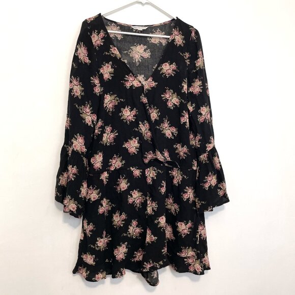 AMERICAN EAGLE AEO AE Wrap Romper Black Pink Floral Rose Long Sleeve Bell Sleeve - Picture 2 of 16